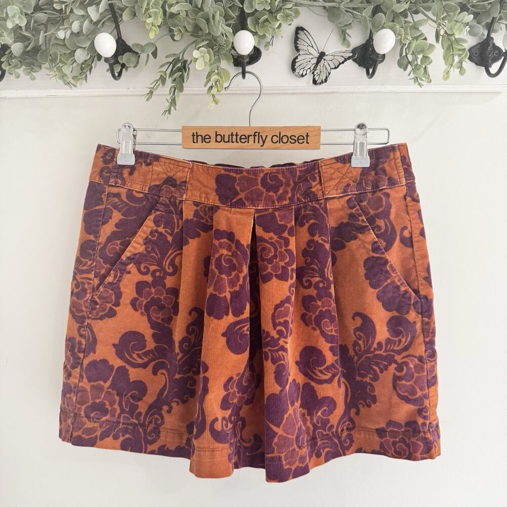 Vintage Y2K Fossil Women Small Orange Floral Corduroy Low Rise Pleated Skirt CP